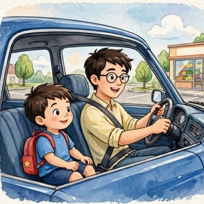 Un niño en un auto azul con su papá